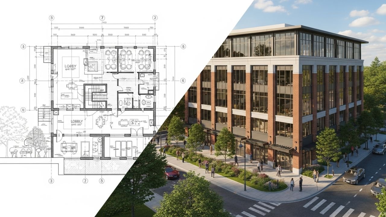 2D vs 3D commercial building comparison for tender presentation in Delhi