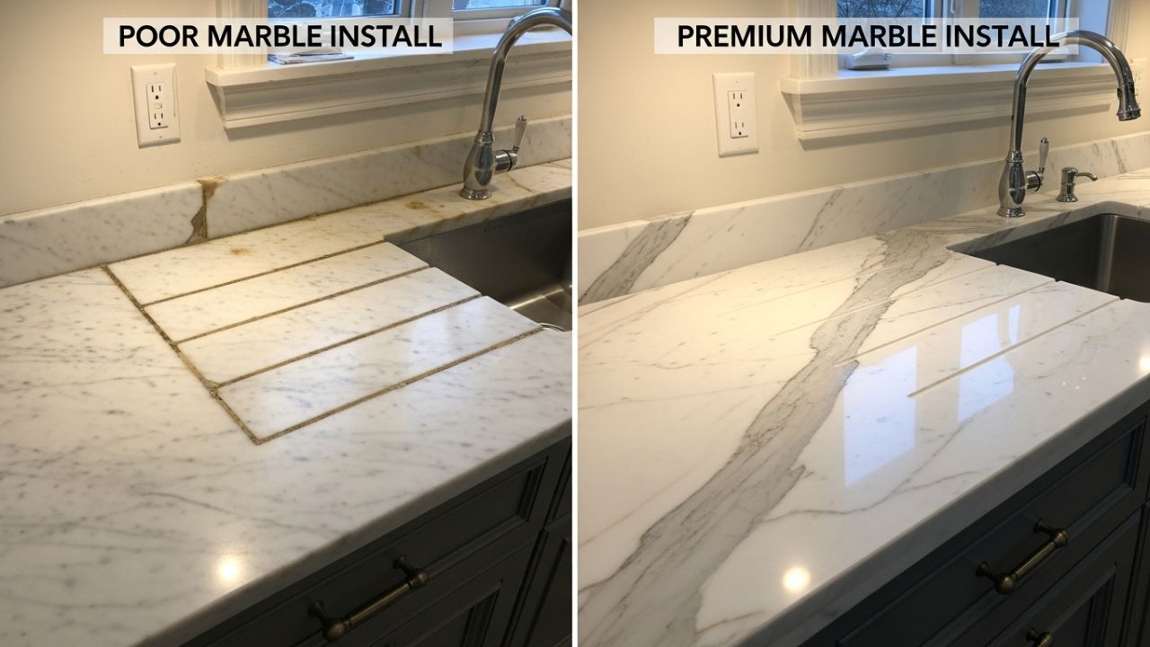 Before-after of poor vs premium marble install
