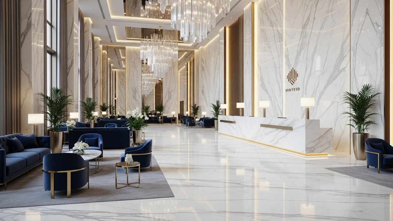 Premium Statuario-inspired marble in Delhi commercial hotel lobby