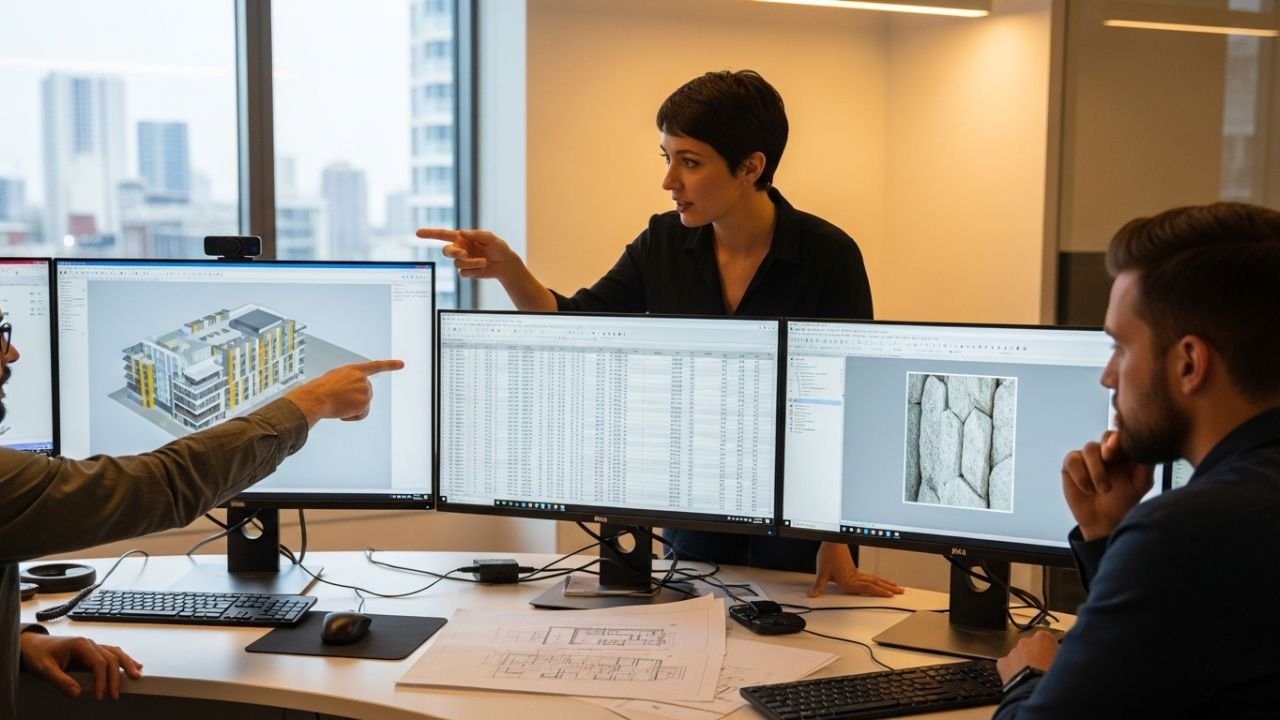 Construction Estimator India team working on 3D commercial plans and BOQ