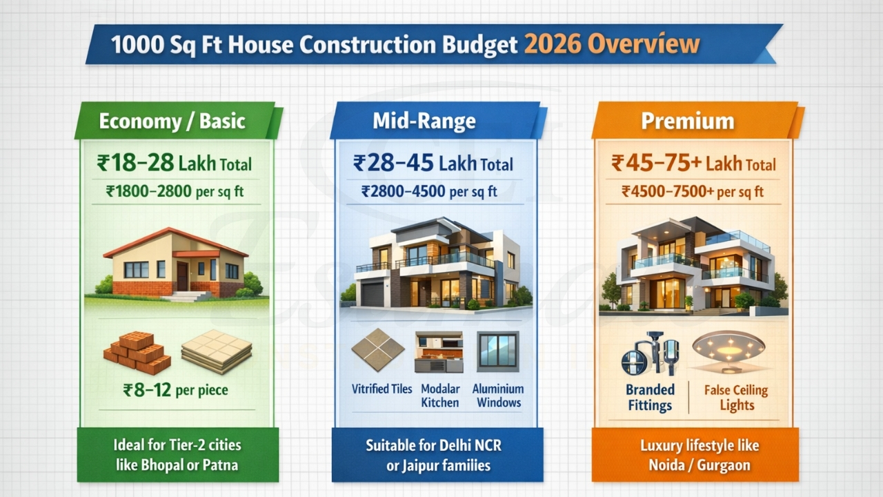 1000 sq ft house construction cost breakdown per sq ft 2026 table