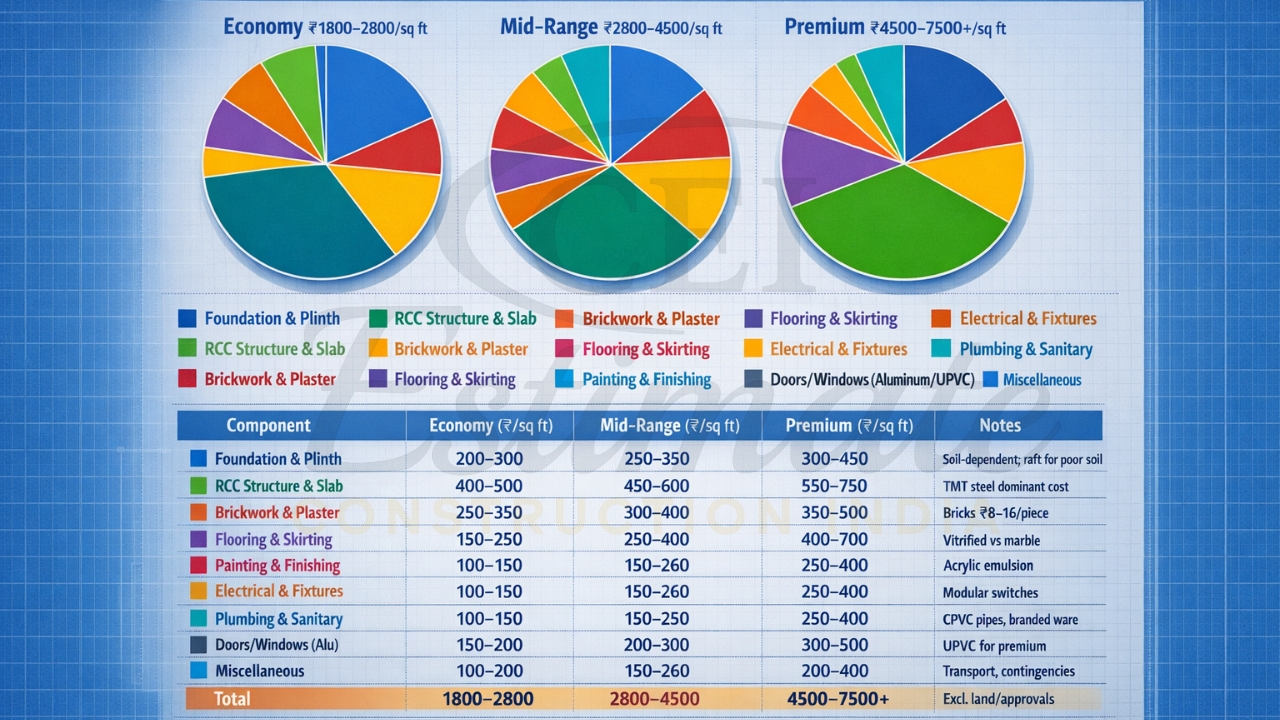 1000 sq ft house construction cost breakdown per sq ft 2026 table