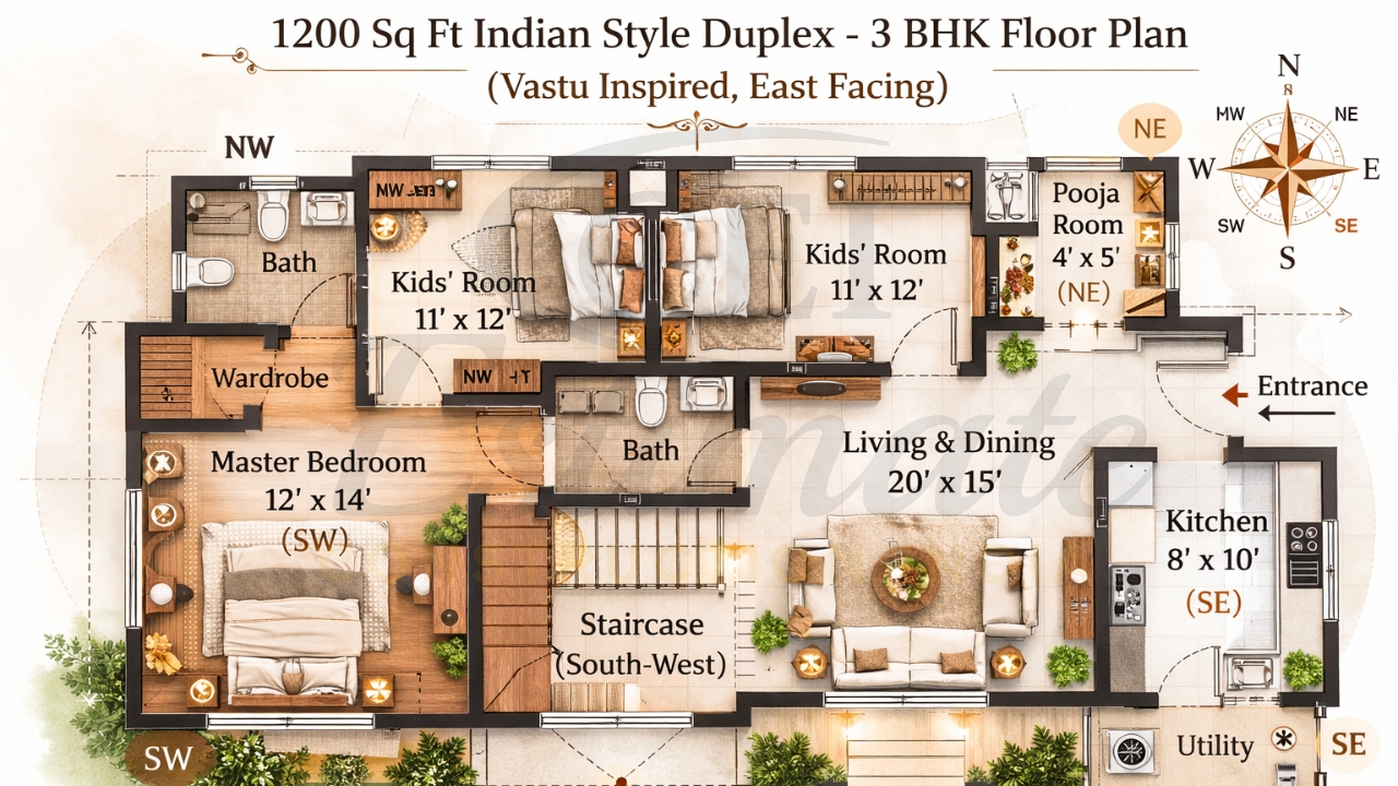 Vastu compliant 1200 sq ft duplex house plan Indian style