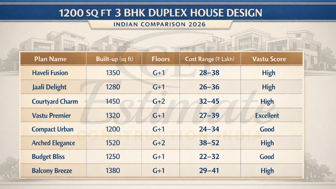 1200 sq ft 3 bhk duplex house design Indian comparison 2026