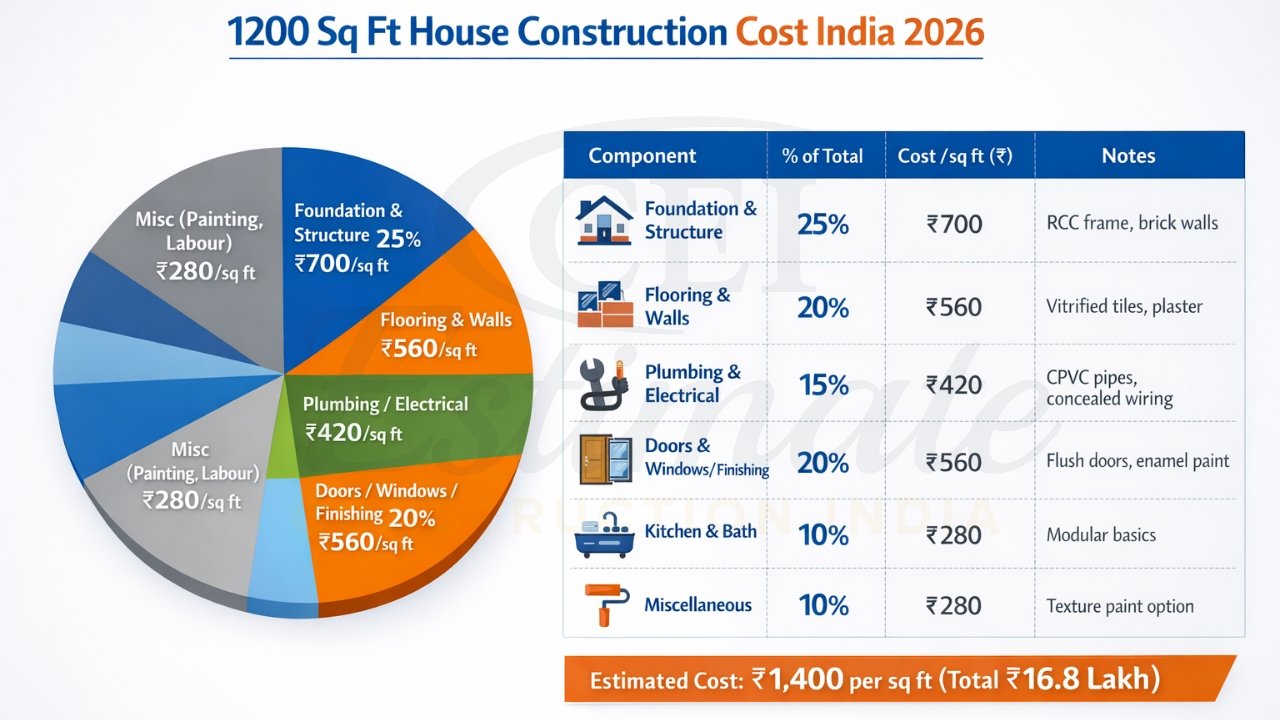 1200 sq ft house construction cost India 2026 table