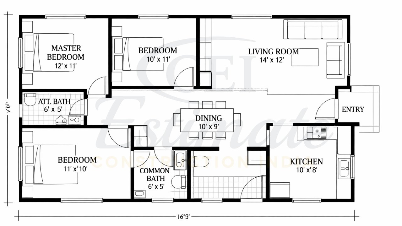 1200 Square Feet House Plans 3 Bedroom - Construction Estimator India