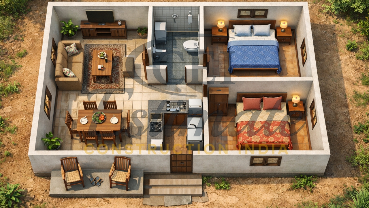 2 BHK House Plan in Village 1000 sq ft