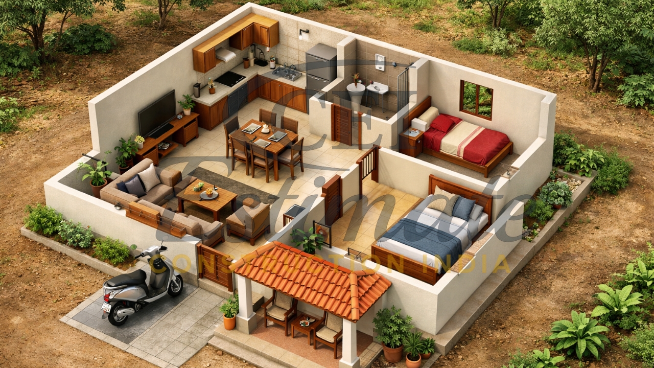 2 BHK House Plan in Village 1000 sq ft