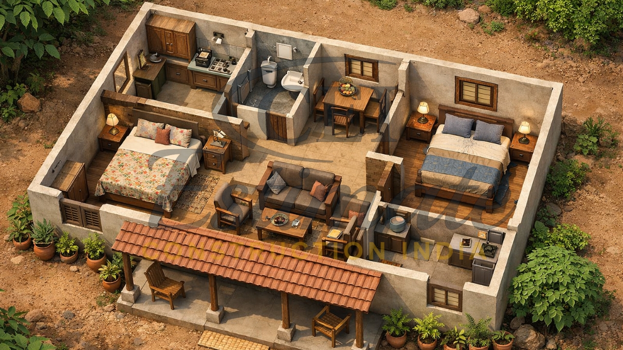 2 BHK House Plan in Village 1000 sq ft