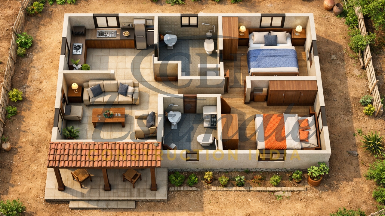 2 BHK House Plan in Village 1000 sq ft