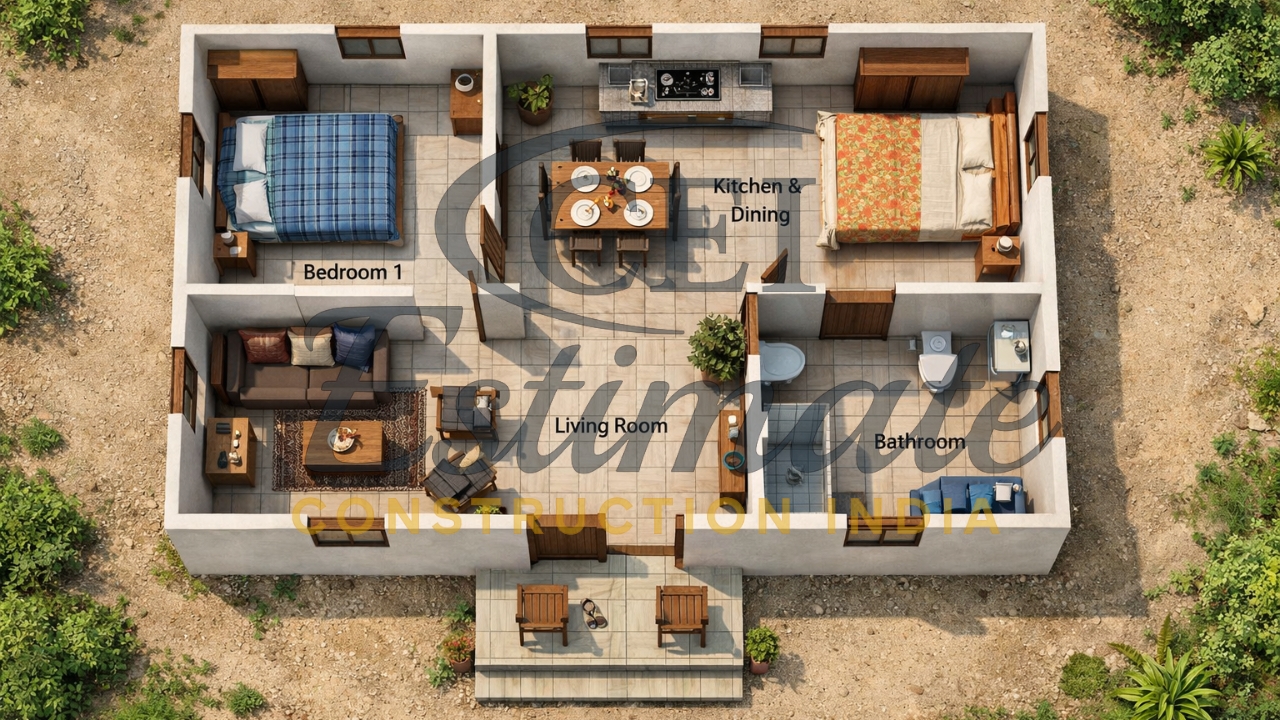 2 BHK House Plan in Village 1000 sq ft