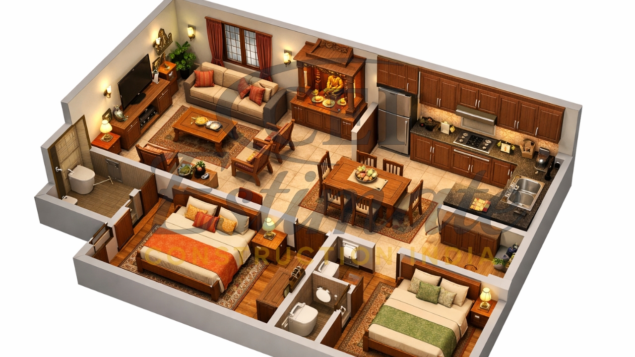 25×40 2 BHK House Plans with 3D Views