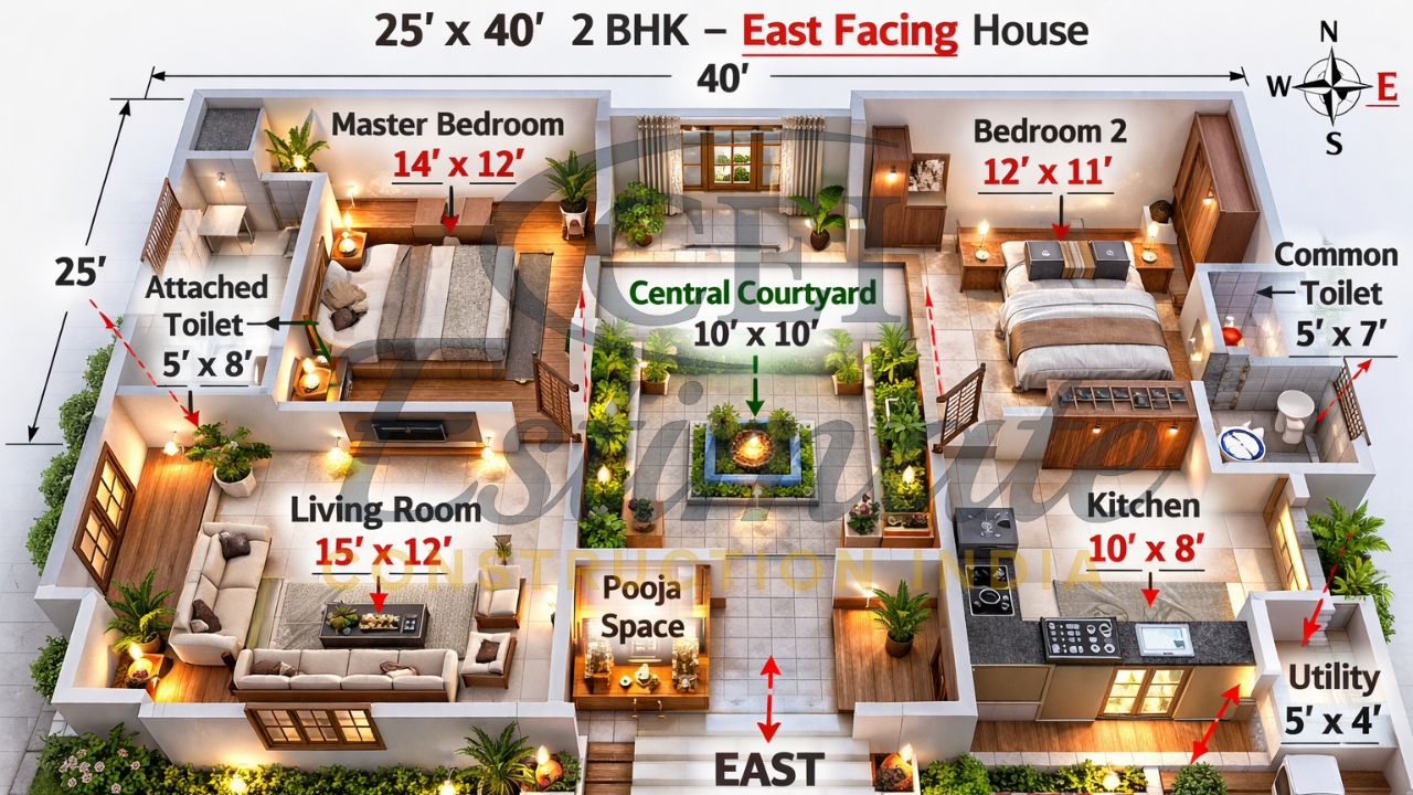 25×40 2 BHK House Plans with 3D Views