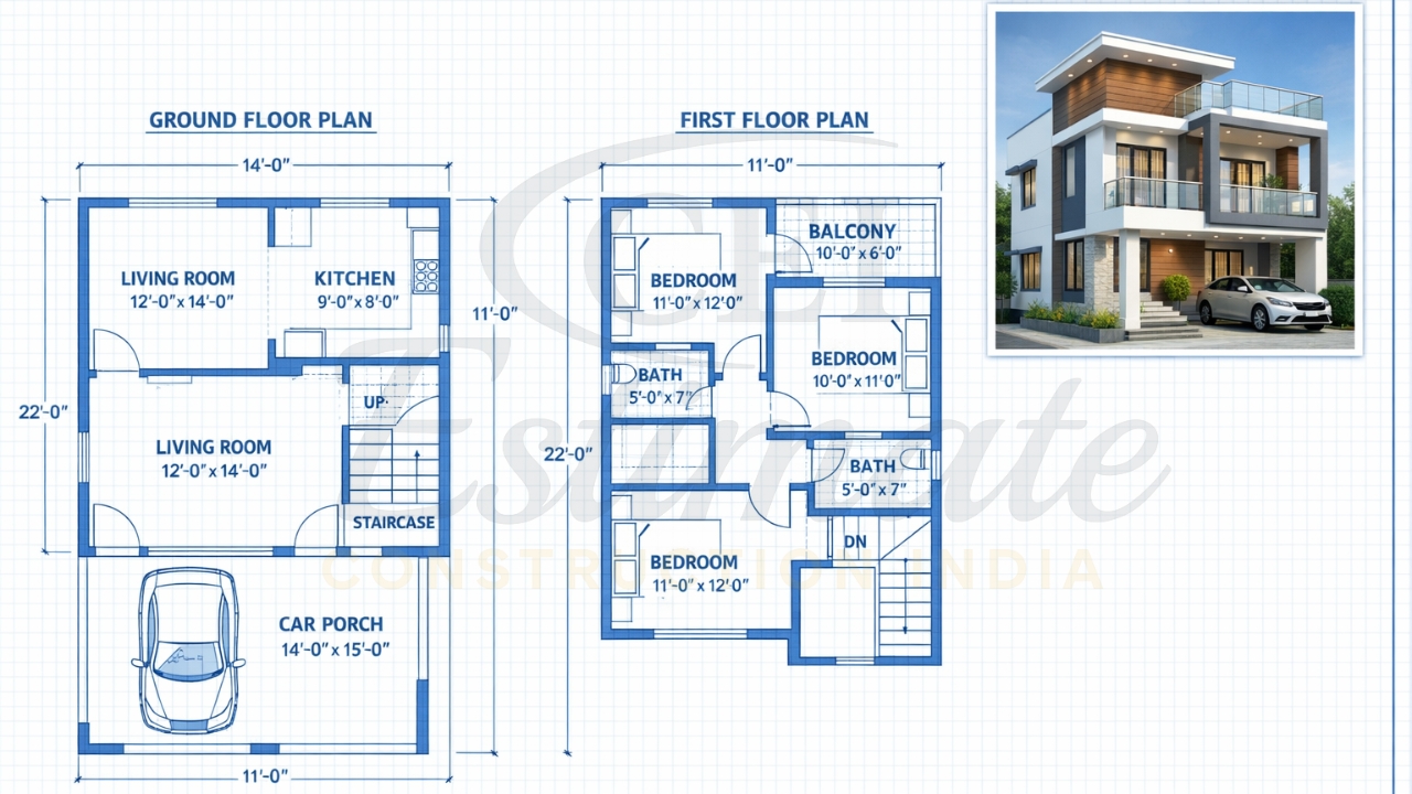1200 sq ft duplex 3 BHK floor plan with photo