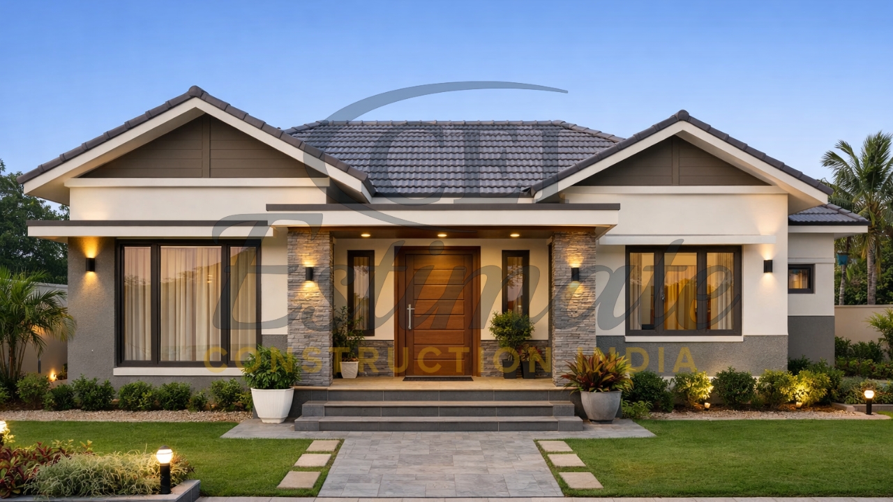 1200 sq ft east facing 3 BHK house plan front photo 2026