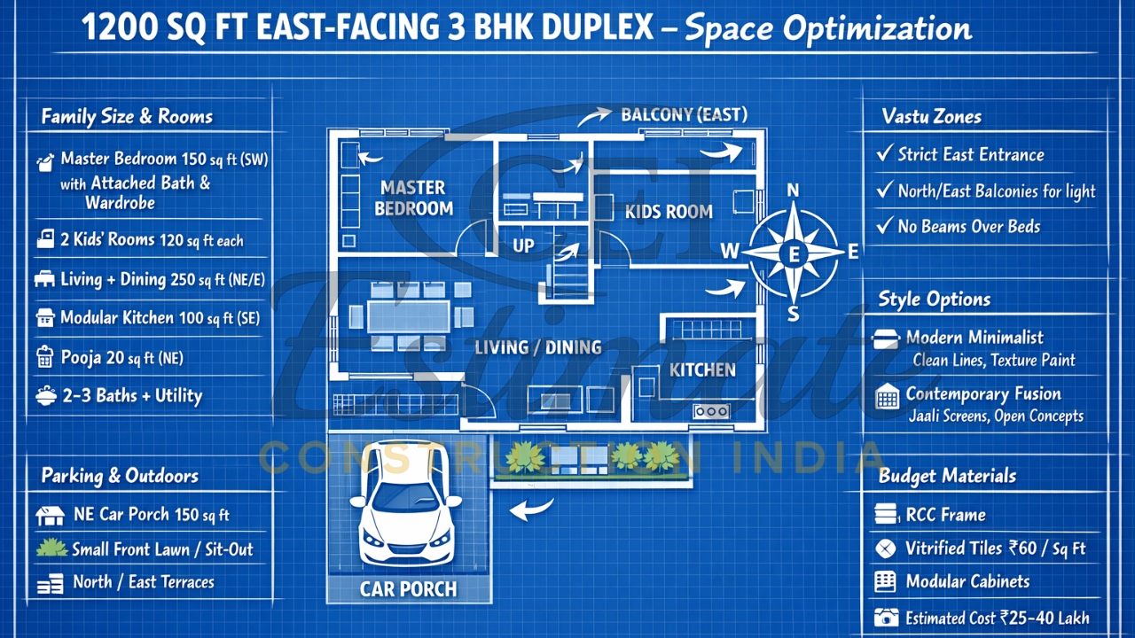 East facing Vastu compliant 1200 sq ft 3 BHK plan diagram