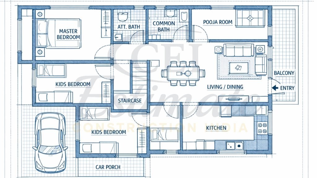3 BHK House Plan in 1200 Sq Ft East Facing - Construction Estimator India