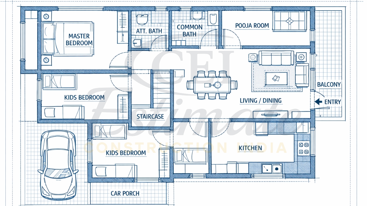 3 BHK House Plan in 1200 Sq Ft East Facing