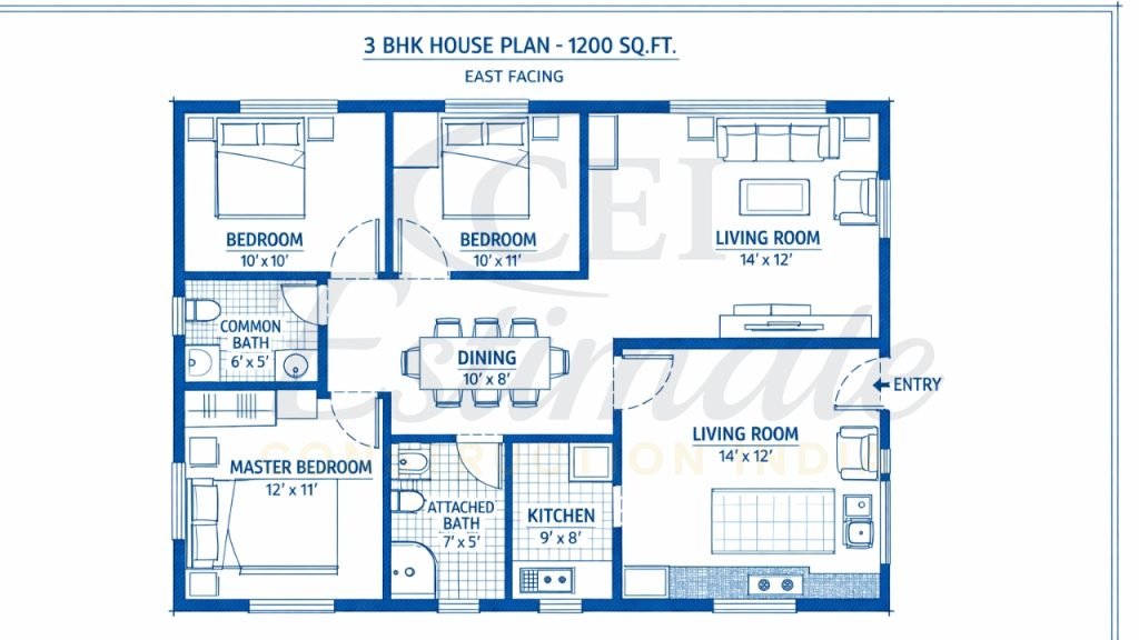 3 BHK House Plan in 1200 Sq Ft East Facing