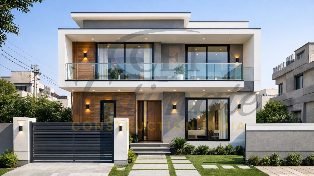 Modern minimalist 3 BHK house front elevation with balcony 2026 Delhi NCR
