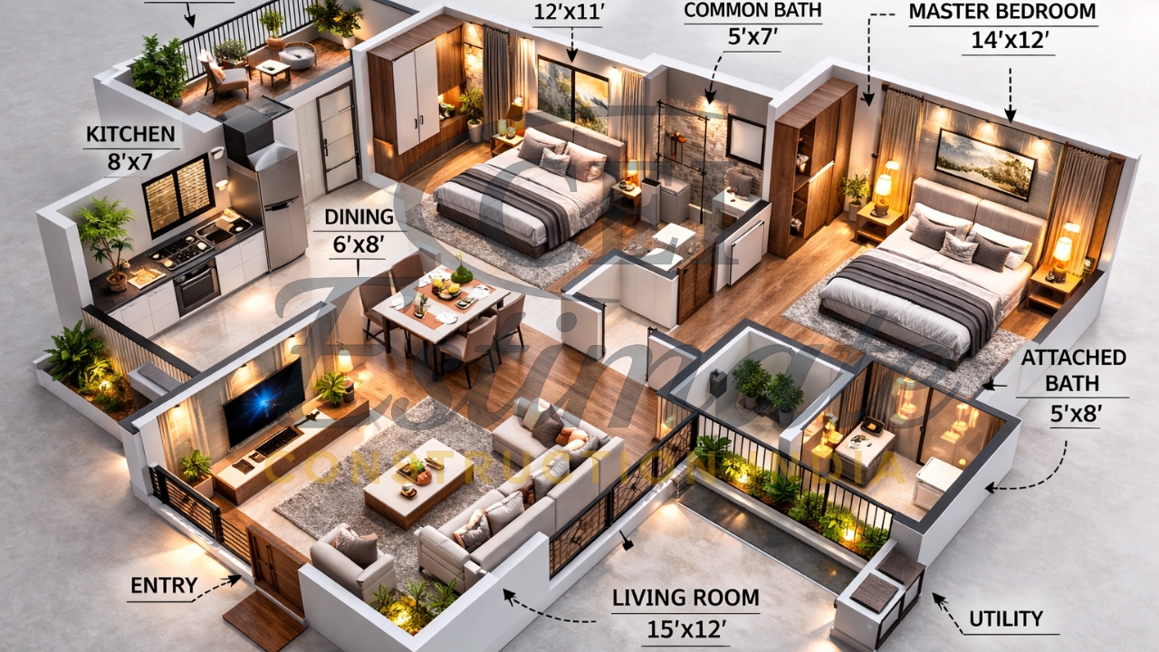 30×40 2 BHK House Plans with 3D Views
