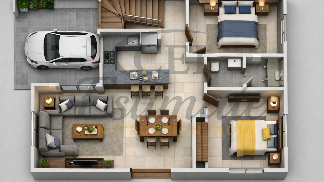 30×40 2 BHK House Plans with Car Parking
