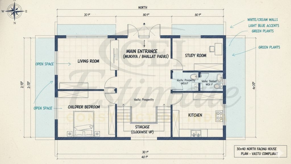30×40 North Facing House Plans as per Vastu