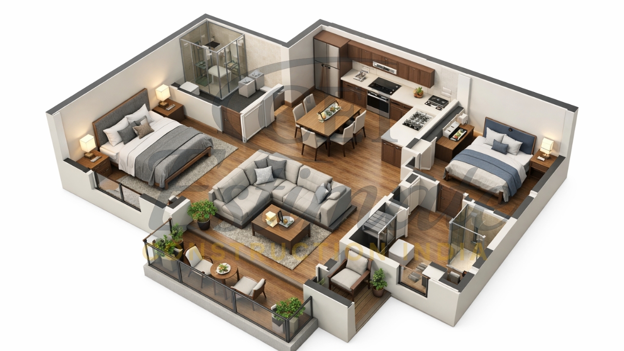 3D Plan for 2BHK House