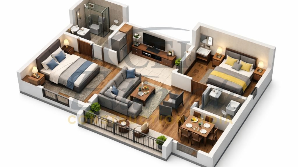 3D Plan for 2BHK House