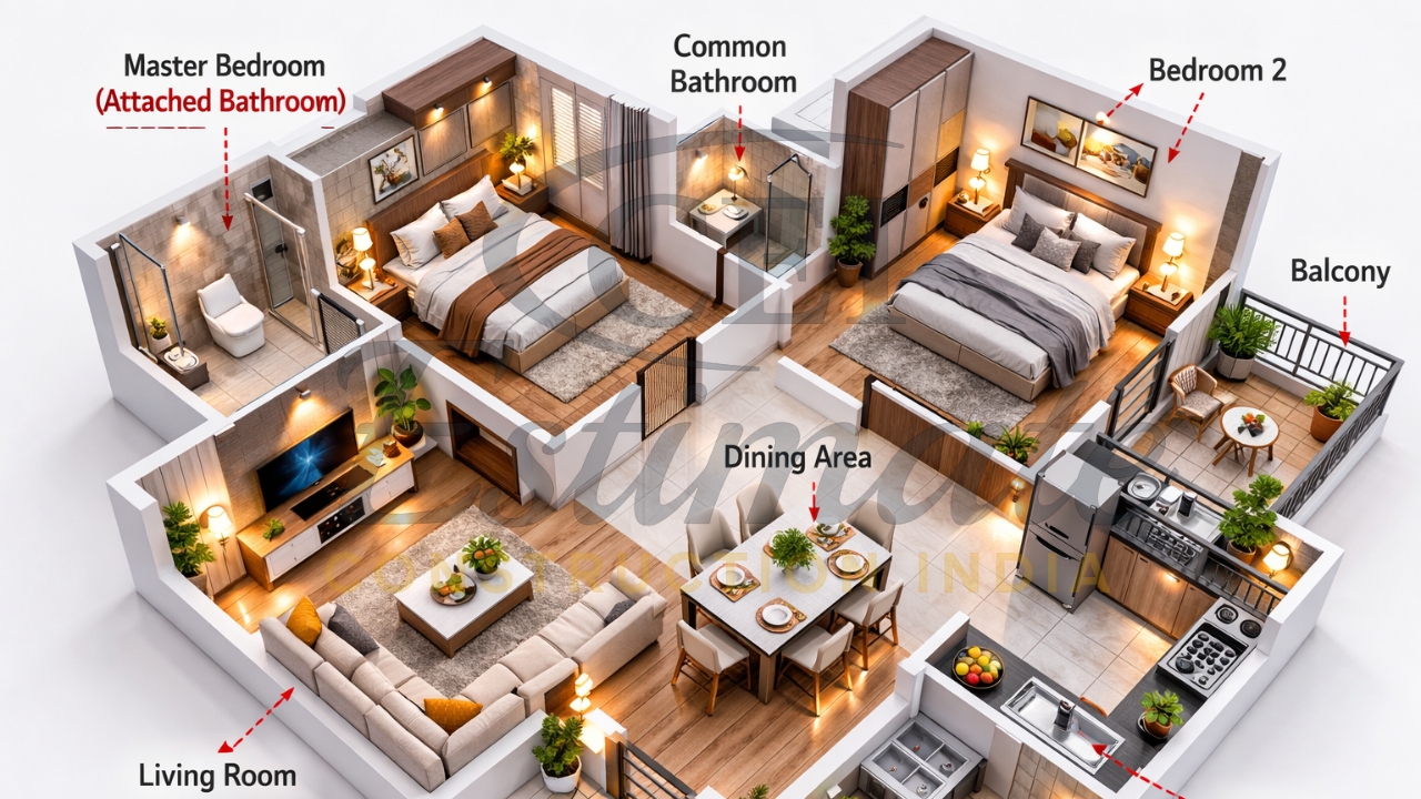 3D Plan for 2BHK House