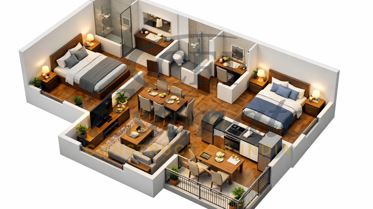 3D Plan for 2BHK House