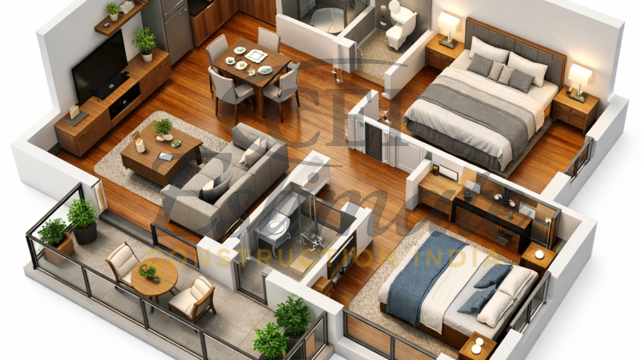 3D Plan for 2BHK House