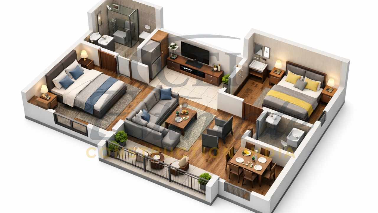3D Plan for 2BHK House