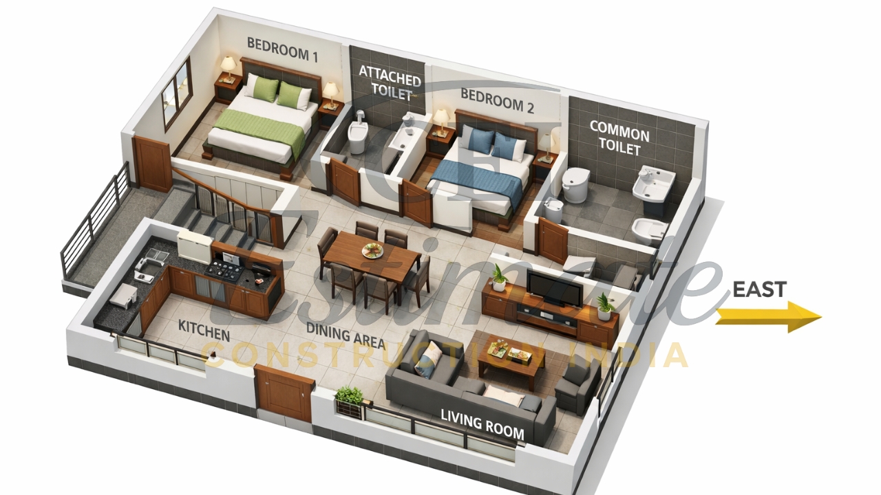 40×25 East Facing House Plan with 3D Views