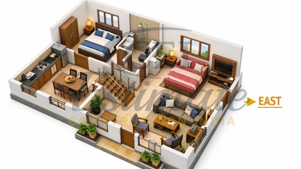 40×25 East Facing House Plan with 3D Views