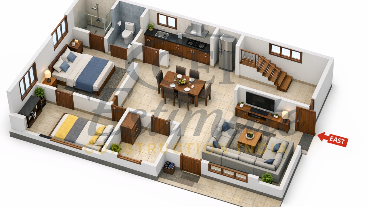 40×25 East Facing House Plan with 3D Views