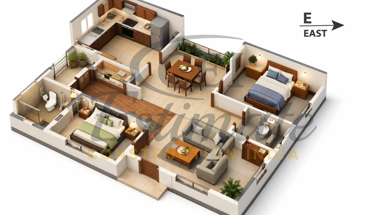 40×25 East Facing House Plan with 3D Views