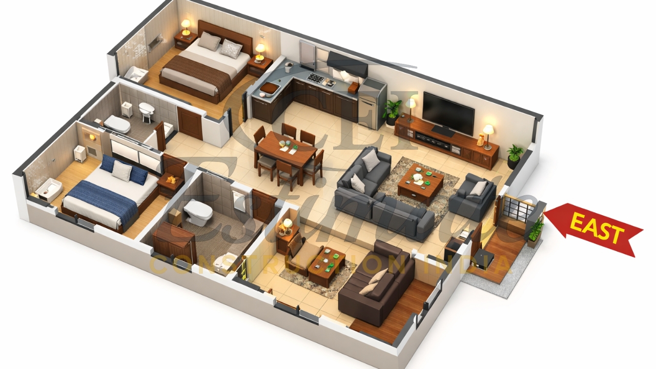 40×25 East Facing House Plan with 3D Views
