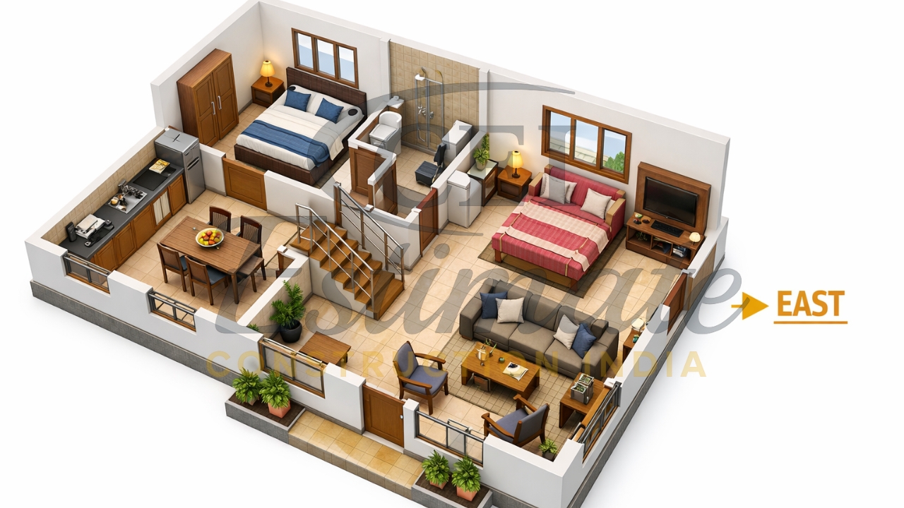 40×25 East Facing House Plan with 3D Views