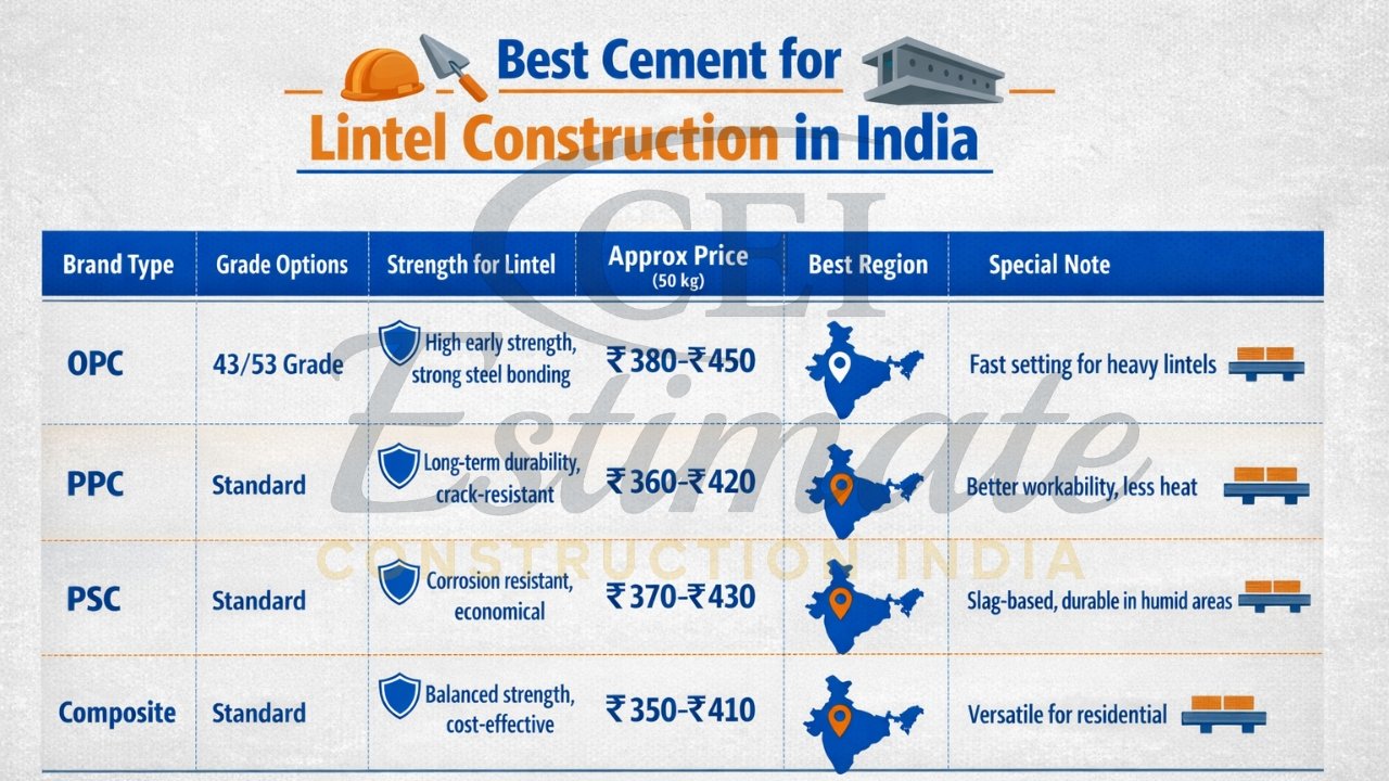 Comparison chart of OPC 53 vs PPC vs PSC cement grades for RCC lintel strength in India 2026