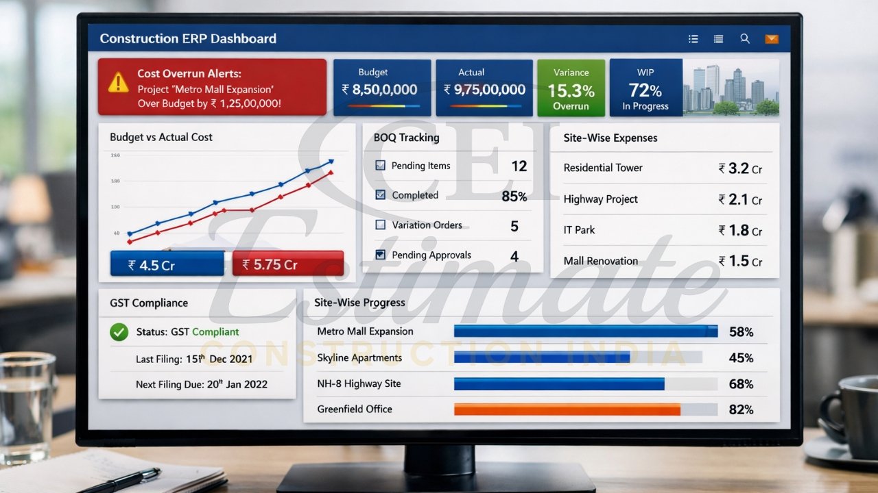 Best construction ERP dashboard India showing cost overruns alerts