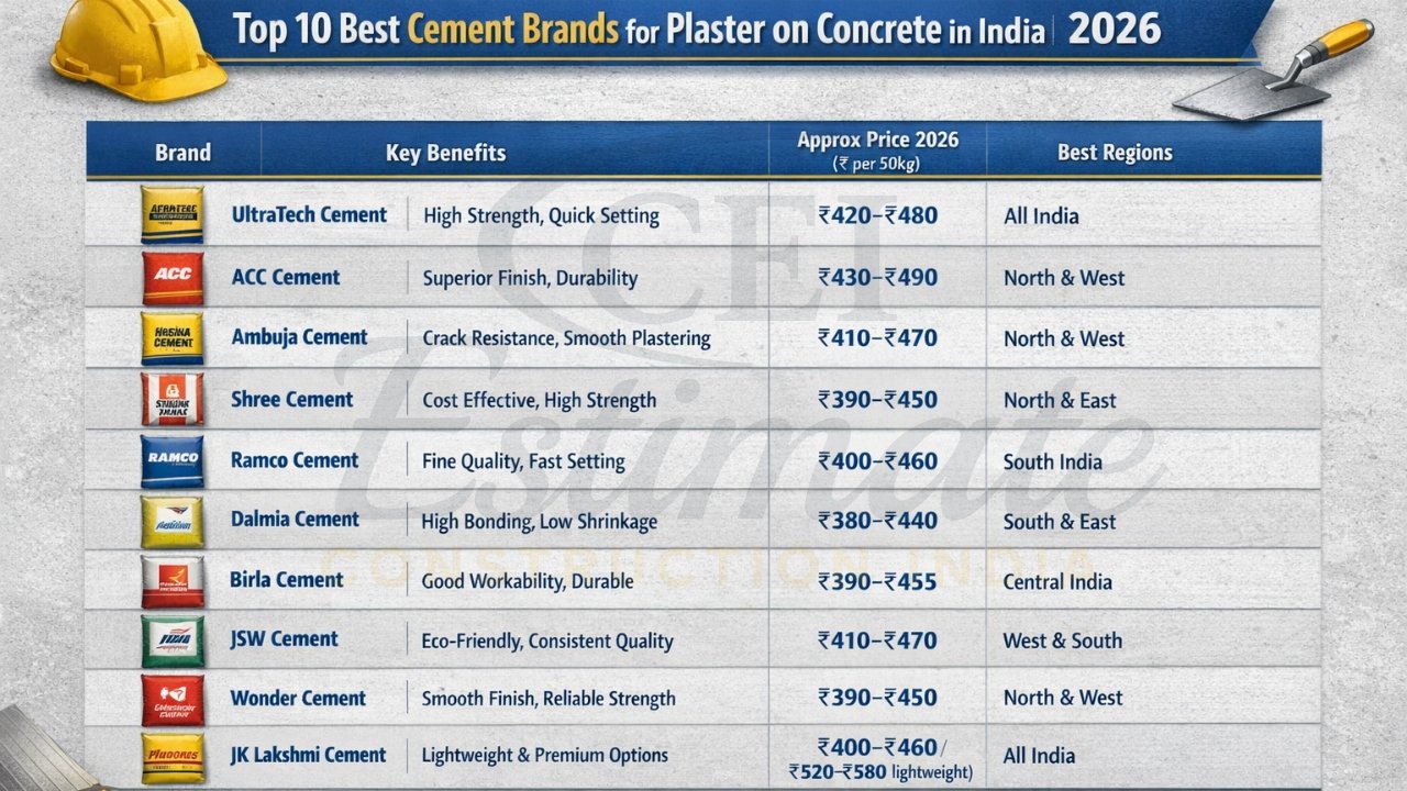 Top 10 best cement brands for plaster on concrete walls in India 2026 comparison chart with prices