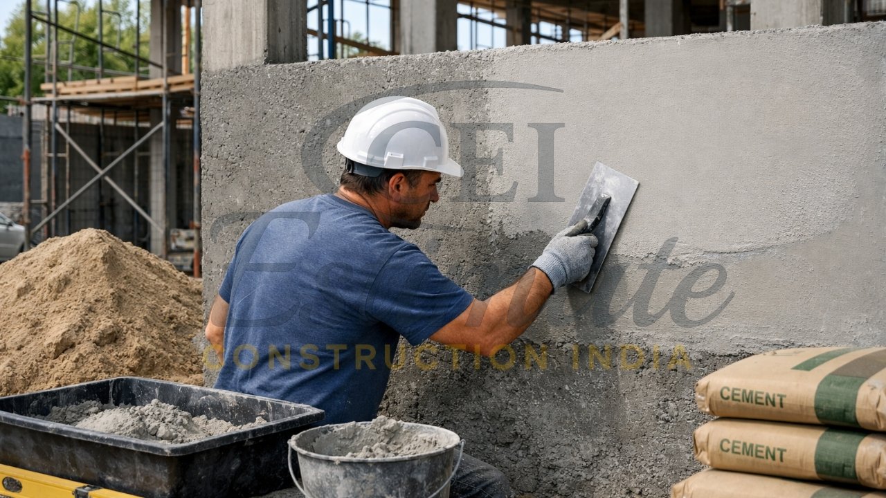 Mason applying two-coat plaster system on RCC concrete wall showing proper technique for crack-free finish