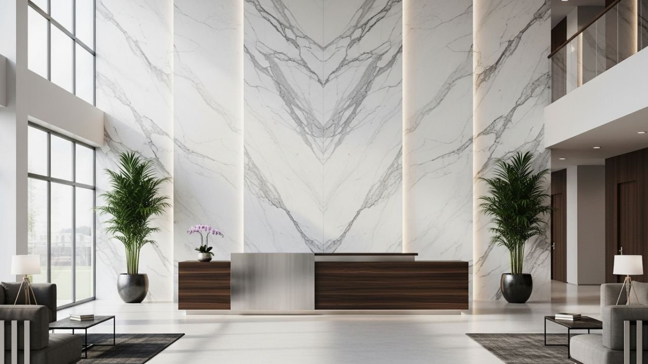Statuario Italian marble cladding in modern office building Delhi NCR