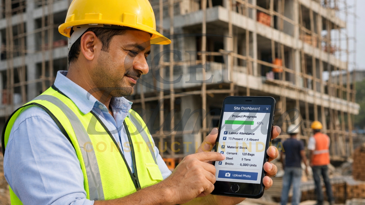 Small contractor using construction management software mobile app for site updates India