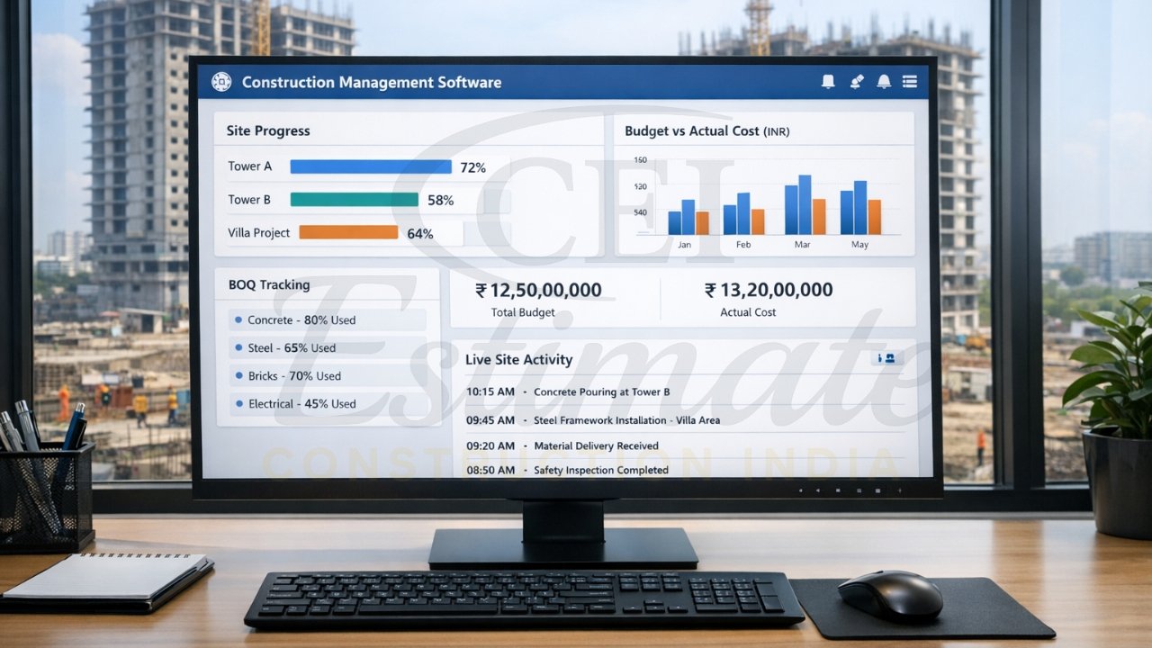 Construction management software dashboard showing real-time site progress India
