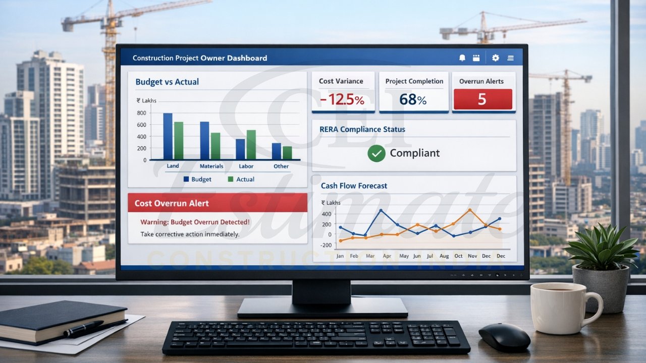 Construction project owner dashboard showing real-time budget vs actual India