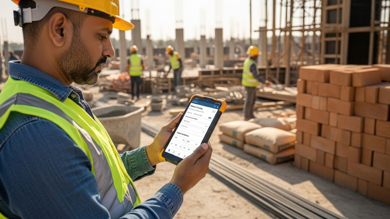 Contractor using mobile ERP app for site material tracking and labour attendance in India