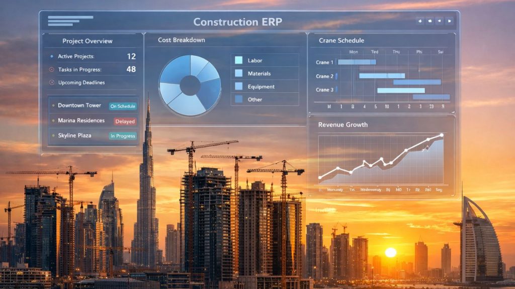 Dubai construction sites managed by ERP software for VAT and progress claims