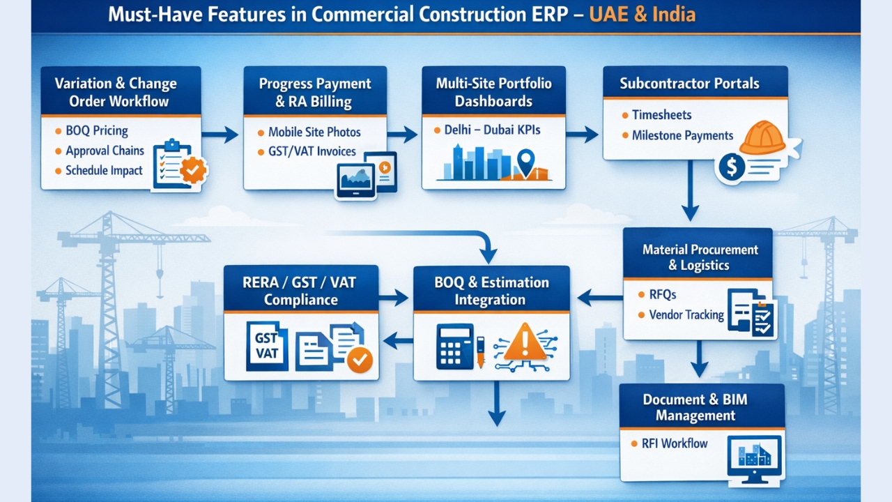 Must-have features in commercial construction ERP UAE India for variations and payments